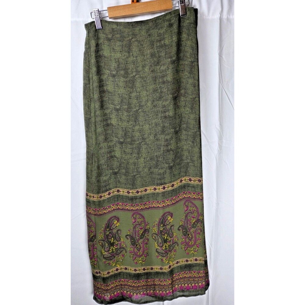 Vintage Valerie Stevens Petite 100% Silk Paisley Midi Skirt Olive Green Boho 8P - Picture 2 of 10